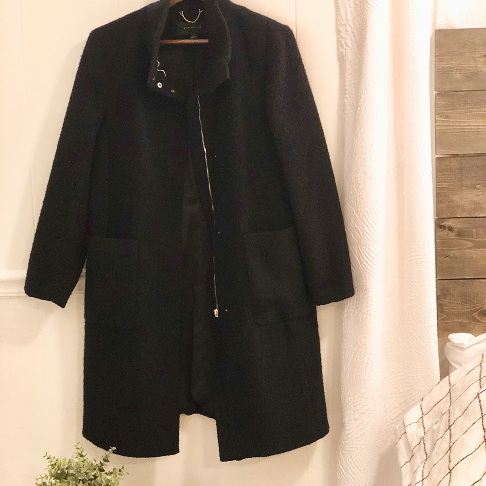 Ann Taylor Navy Boucle Standing Collar Wool Coat